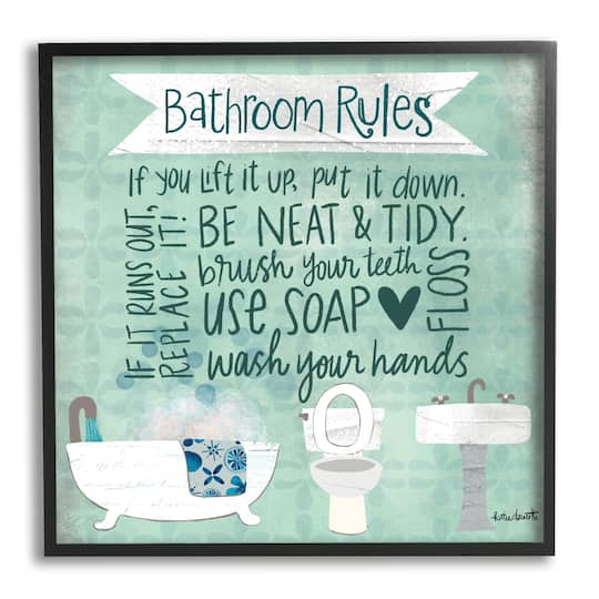 Stupell Industries Aqua Blue Bathroom Rules Collage Look Typography Framed Wall Art